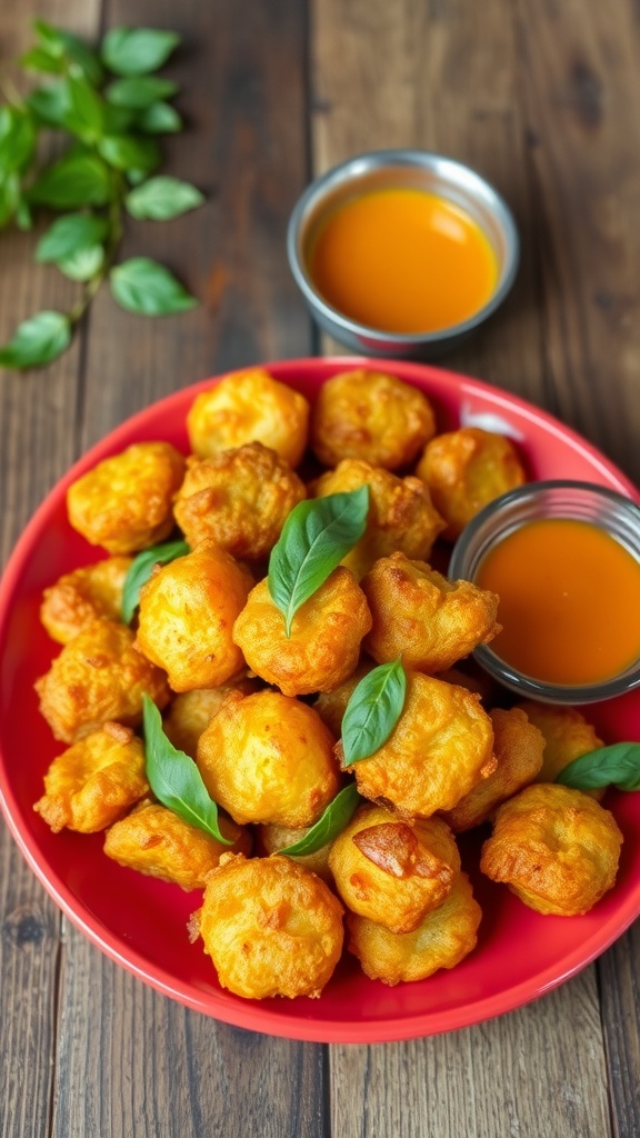 Crispy golden Potato 65 served on a red plate with curry leaves and dipping sauce.